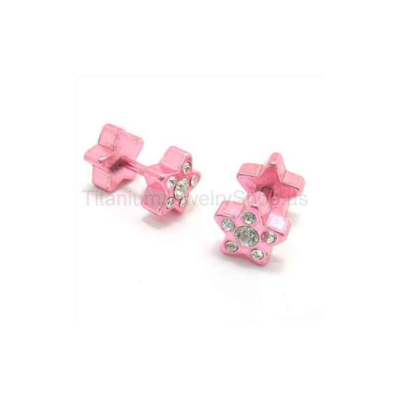 Roze Sterren Titanium Ingelegde Diamanten Oorbellen Roze Sterren Titanium Ingelegde Diamanten Oorbellen