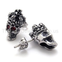 Titanium Oorbellen Met Red-Eyes Crown Skull