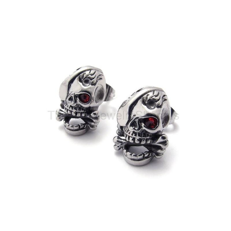 Titanium Oorbellen Met Een Schedel Van Één Rood Oog Titanium Oorbellen Met Een Schedel Van Één Rood Oog