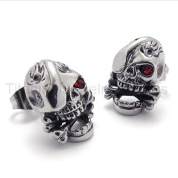 Titanium Oorbellen Met Een Schedel Van Één Rood Oog