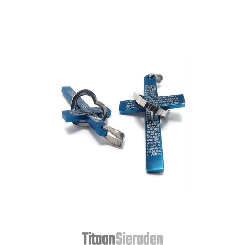 Cool Man Hart Kruis Bijbel Titanium Stalen Hanger (Nieuw) Blauwe Kleur Cool Man Hart Kruis Bijbel Titanium Stalen Hanger (Nieuw) Blauwe Kleur