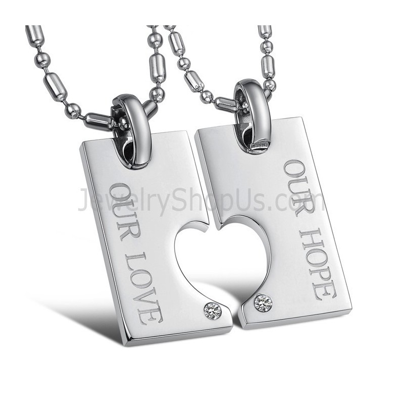 Titaniumzilveren "Our Hope & Our Love" Sweetheart Lovers-Hangers Met Strass-Steentjes En Gratis Kettingen C602