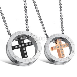 Titanium Roségoud En Zwarte Kruishangers Met Strass Steentjes En Gratis Kettingen C681