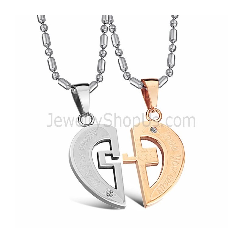 Titanium Roségoud En Zilveren Sweetheart Lovers-Hangers Met Strass-Steentjes En Gratis Kettingen C641