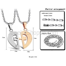 Titanium Roségoud En Zilveren Sweetheart Lovers-Hangers Met Strass-Steentjes En Gratis Kettingen C641