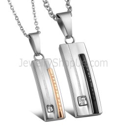 Rechthoekige Titanium Zwarte En Roségouden "Love Forever" Hangers Met Strass Steentjes En Gratis Kettingen C567