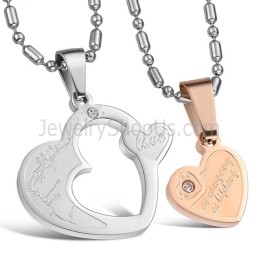 Titanium Roségoud En Zilveren Sweetheart Lovers-Hangers Met Strass-Steentjes En Gratis Kettingen C600