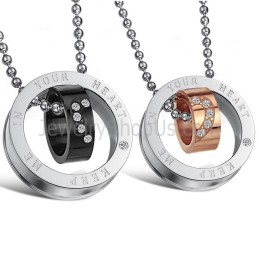 Titanium Roségouden En Zwarte Ringen "Keep Me In Your Heart" Lovers-Hangers Met Strass En Gratis Kettingen C673