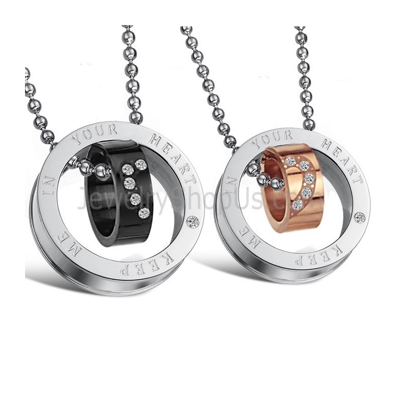 Titanium Roségouden En Zwarte Ringen "Keep Me In Your Heart" Lovers-Hangers Met Strass En Gratis Kettingen C673