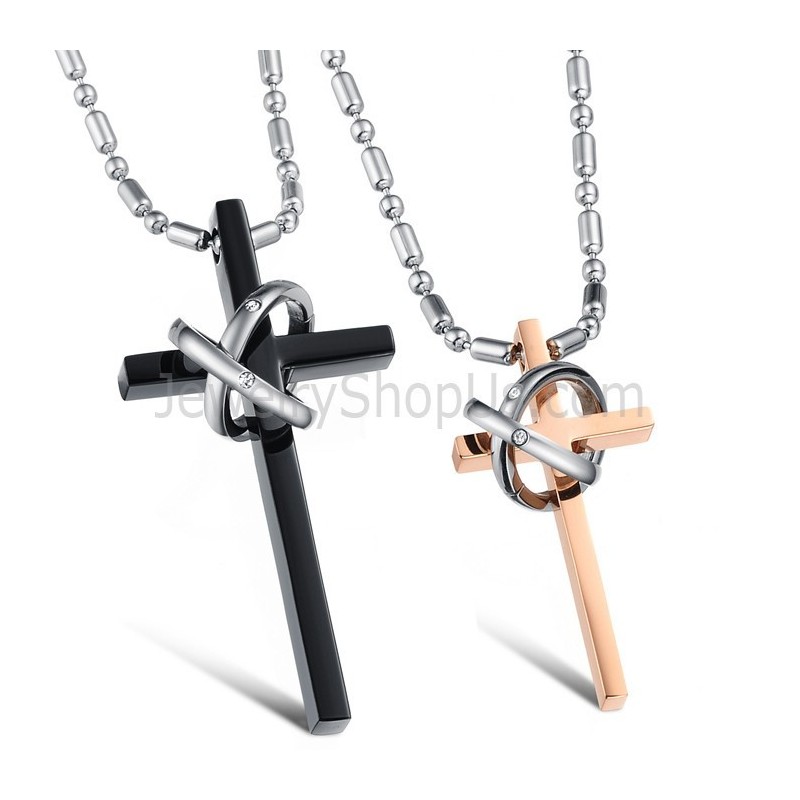 Titanium Roségoud En Zwarte Kruishangers Met Strass Steentjes En Gratis Kettingen C724
