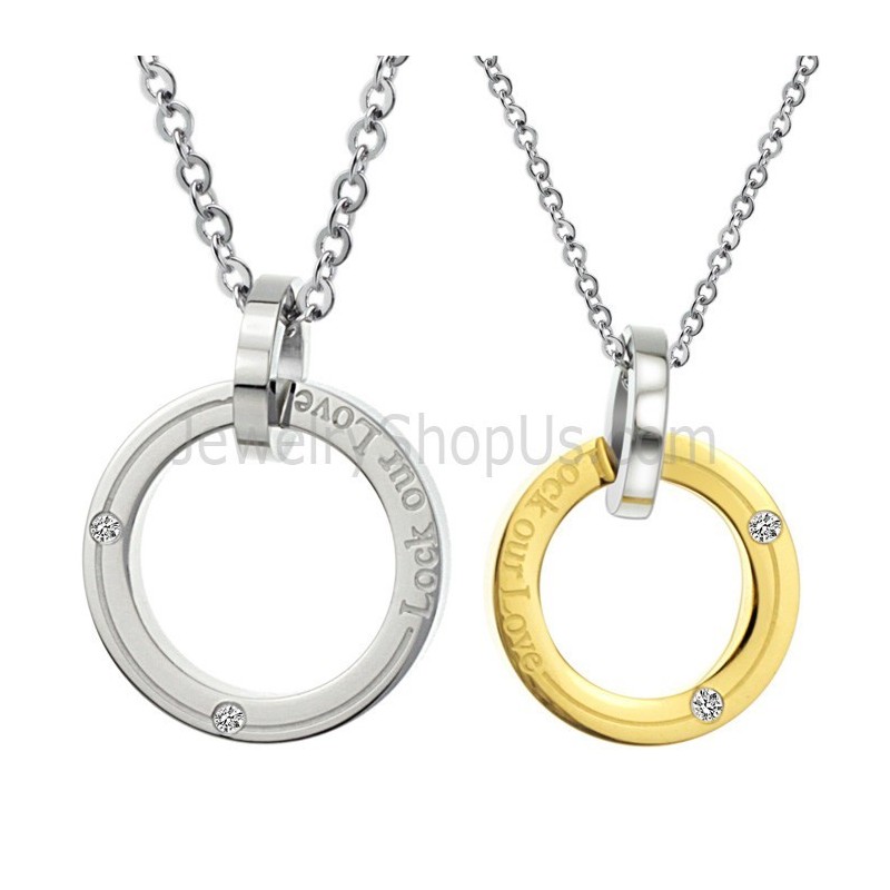 Titanium Zilveren En Gouden Ringen "Lock Our Love" Lovers-Hangers Met Diamanten En Gratis Kettingen C350