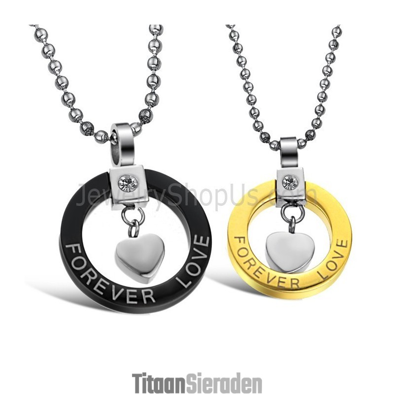 Titanium Zwart En Goud "Forever Love" Lovers Hangers Met Strass Steentjes En Gratis Kettingen 280