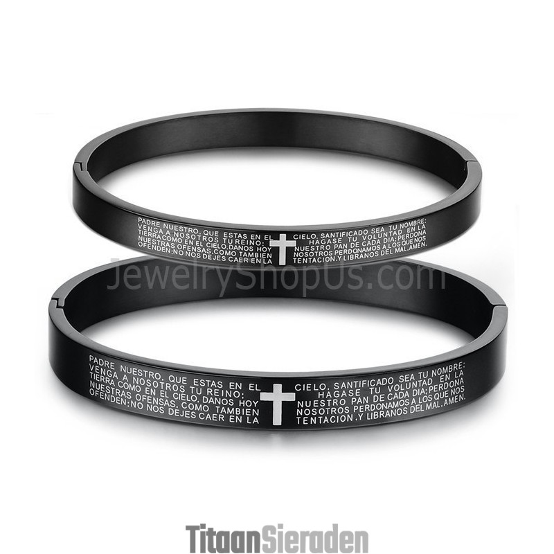 Tatanium Black Cross Couple Bangles Met Wit Kruis C848 Tatanium Black Cross Couple Bangles Met Wit Kruis C848