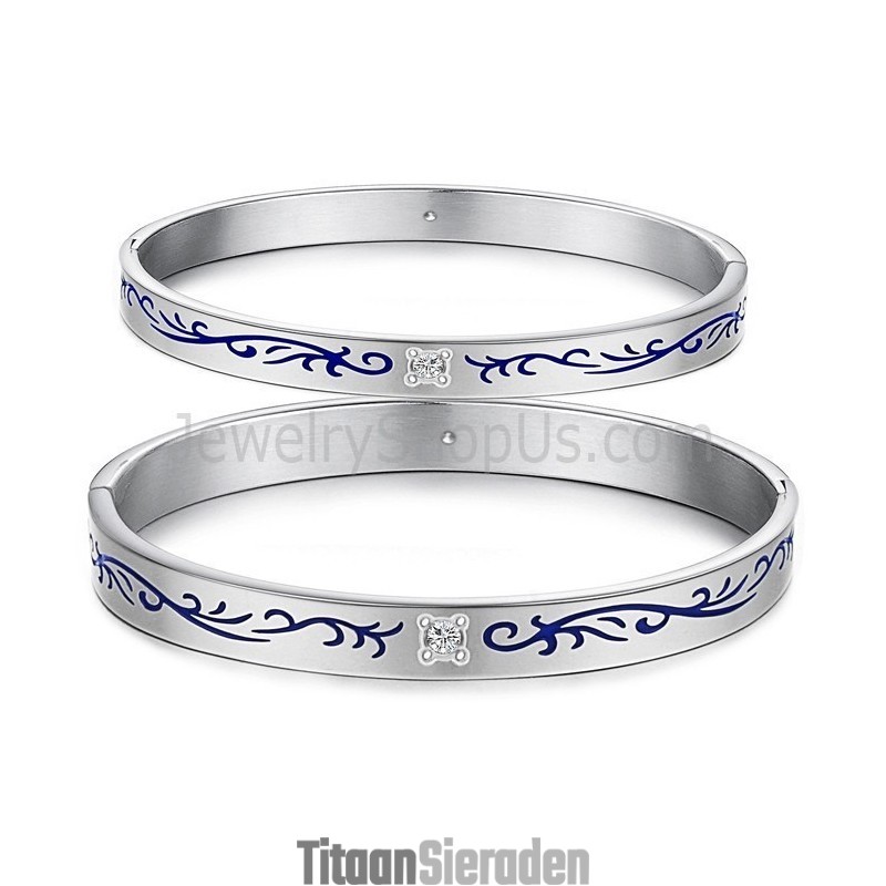 Tatanium Paar Armbanden Met Blauwe Bloemen C858 Tatanium Paar Armbanden Met Blauwe Bloemen C858