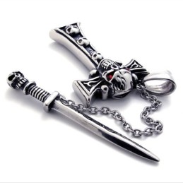 Schedel Met Rode Diamant Dolk Titanium Kruis Hanger