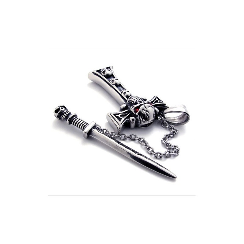 Schedel Met Rode Diamant Dolk Titanium Kruis Hanger Schedel Met Rode Diamant Dolk Titanium Kruis Hanger