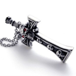 Schedel Met Rode Diamant Dolk Titanium Kruis Hanger