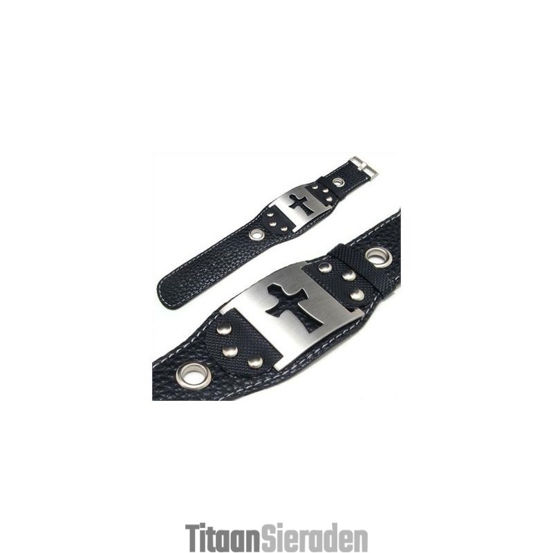 Heren Jongens Pure Titanium Leren Kruis Armband Bangle