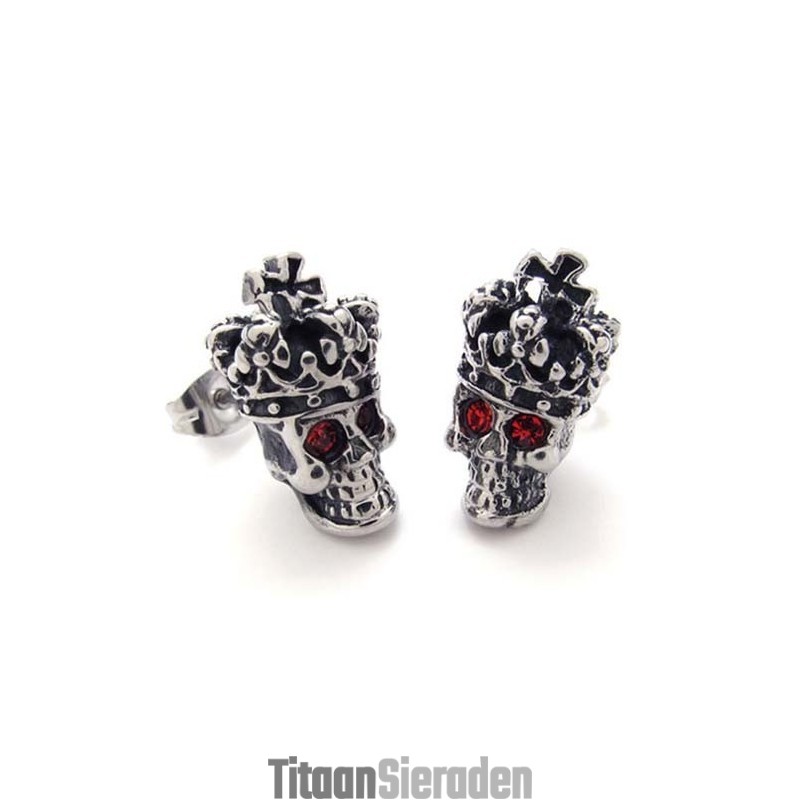 Rode Diamanten Kroon Schedel Titanium Oorbellen