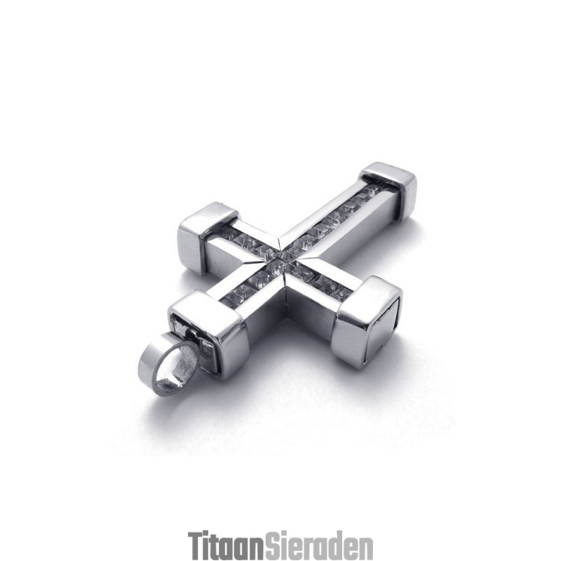 Titanium Kruishanger Met Witte Zirkonen Titanium Kruishanger Met Witte Zirkonen