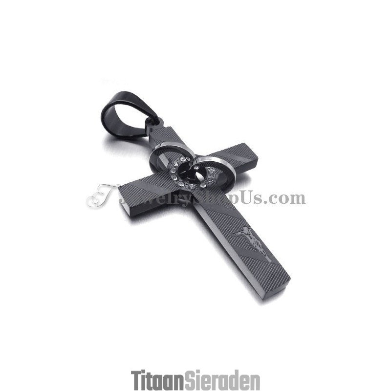 Kruis Zwarte Titanium Hanger Met Cirkels Strass Steentjes