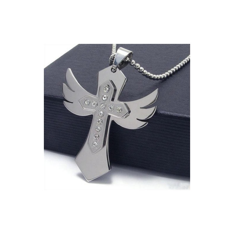 Heren Zilveren Kruisketting Met Vleugelhanger Van Puur Titanium Heren Zilveren Kruisketting Met Vleugelhanger Van Puur Titanium