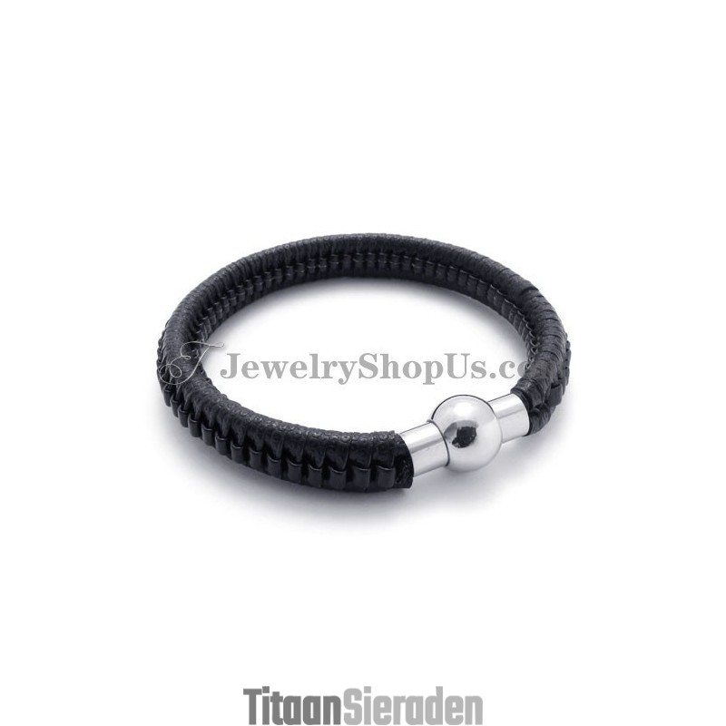 Elegante Zwarte Titanium En Leren Armband Elegante Zwarte Titanium En Leren Armband