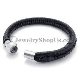 Elegante Zwarte Titanium En Leren Armband