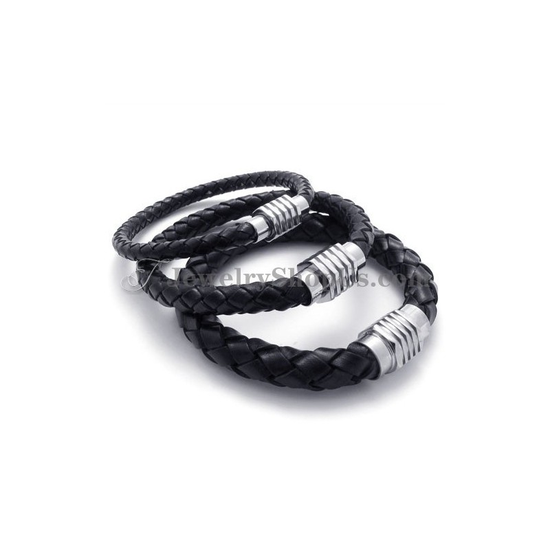 Elegante Zwarte Titanium En Leren Armband