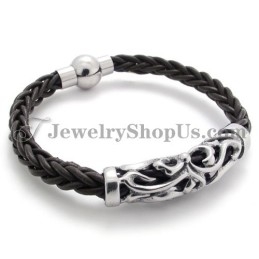 Elegante Zwarte Leren Titanium Armband
