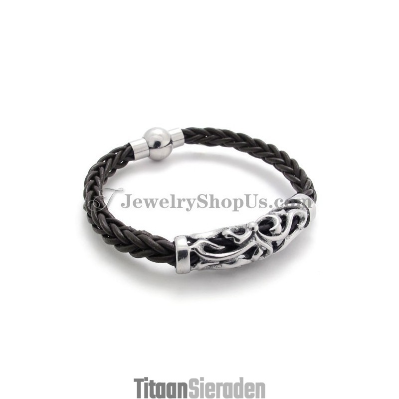 Elegante Zwarte Leren Titanium Armband Elegante Zwarte Leren Titanium Armband