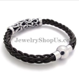 Elegante Zwarte Leren Titanium Armband