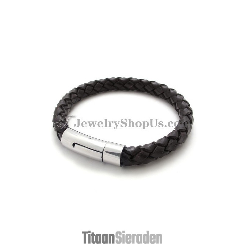 Mode Bruine Leren En Titanium Armband