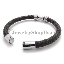Elegante Bruine Leren Titanium Armband