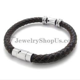 Elegante Bruine Leren Titanium Armband