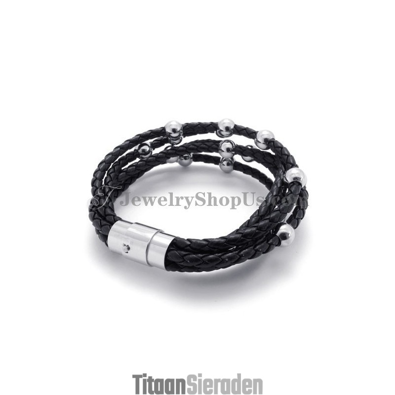Mode Zwart Leer Met Titanium Armband Mode Zwart Leer Met Titanium Armband