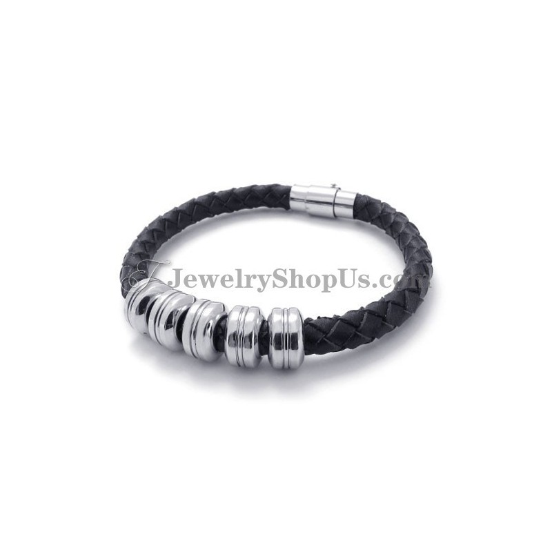 Mode Zwarte Leren En Titanium Armband