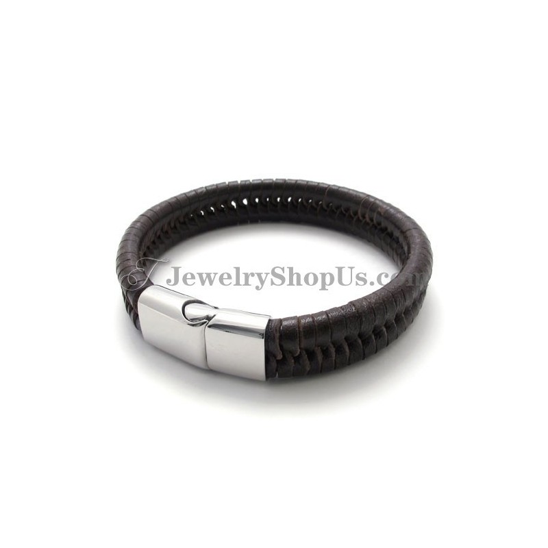 Elegante Bruine Titanium Met Leren Armband Elegante Bruine Titanium Met Leren Armband