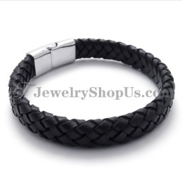 Elegante Zwarte Titanium Met Leren Armband