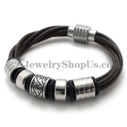 Mode Bruine Leren En Titanium Armband
