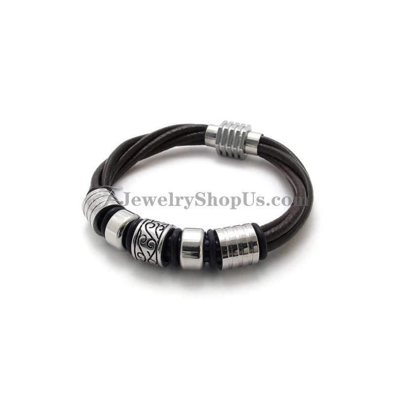 Mode Bruine Leren En Titanium Armband Mode Bruine Leren En Titanium Armband
