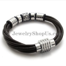 Mode Bruine Leren En Titanium Armband