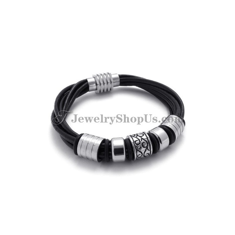 Elegante Zwarte Leren En Titanium Armband
