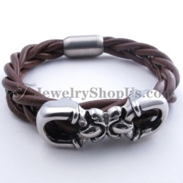 Mode Bruine Leren Titanium Armband