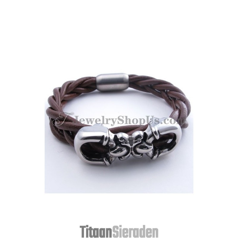 Mode Bruine Leren Titanium Armband