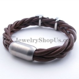 Mode Bruine Leren Titanium Armband