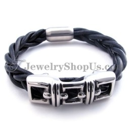 Elegante Zwarte Titanium Leren Armband