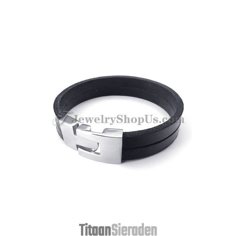 Elegante Zwarte Leren Armband Met Titanium Elegante Zwarte Leren Armband Met Titanium