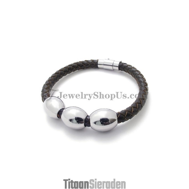 Mode Bruine Leren Titanium Armband