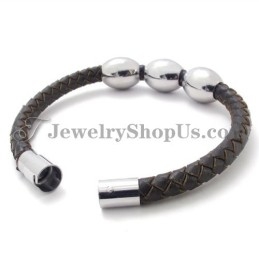 Mode Bruine Leren Titanium Armband
